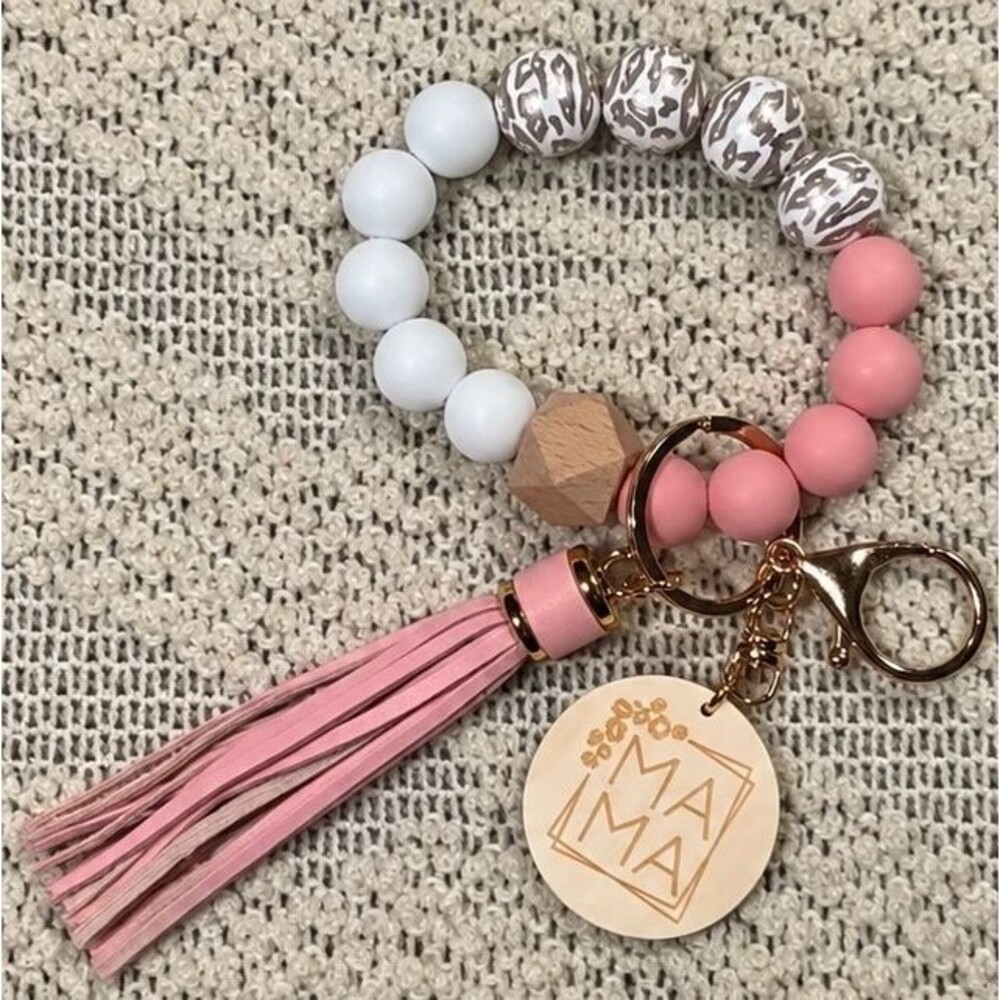 Mama Pink Leopard Silicone Beaded Wristlet Keychain Tassel New